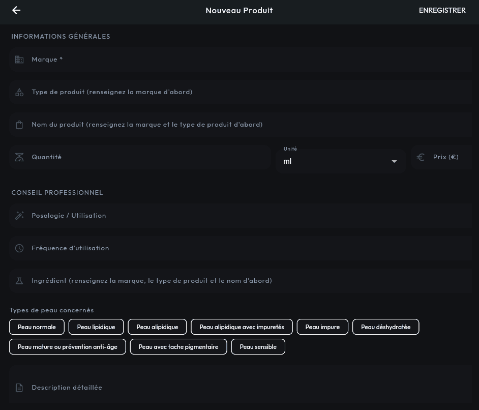 Fiche produit dans OpenSkinDiag : marque, type, nom, quantité, prix, posologie, fréquence d'utilisation, ingrédients, types de peau concernés et description
