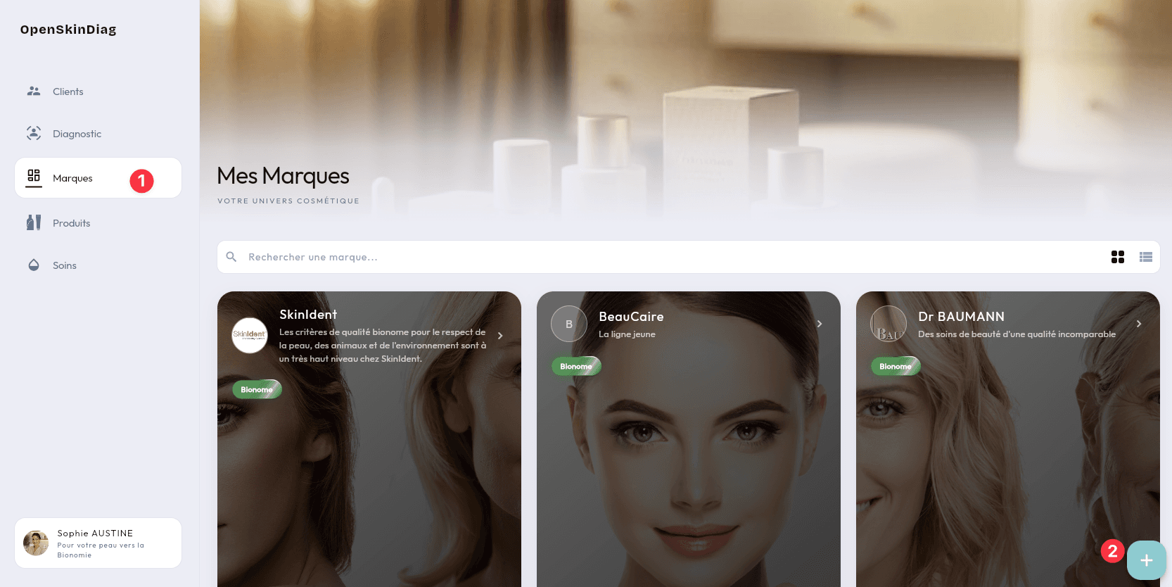 Page Mes Marques : 1 menu Marques, 2 bouton + pour ajouter une marque