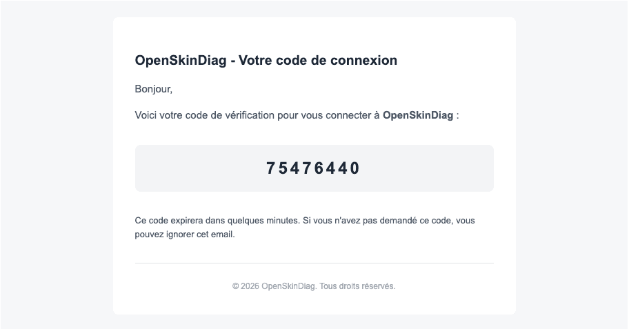 E-mail reçu contenant le code de vérification à 8 chiffres pour se connecter via le lien magique