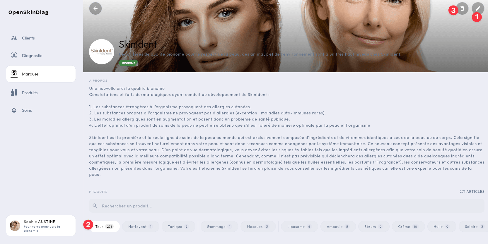 Fiche d’une marque : 1 modifier, 2 produits de la marque, 3 retirer la marque