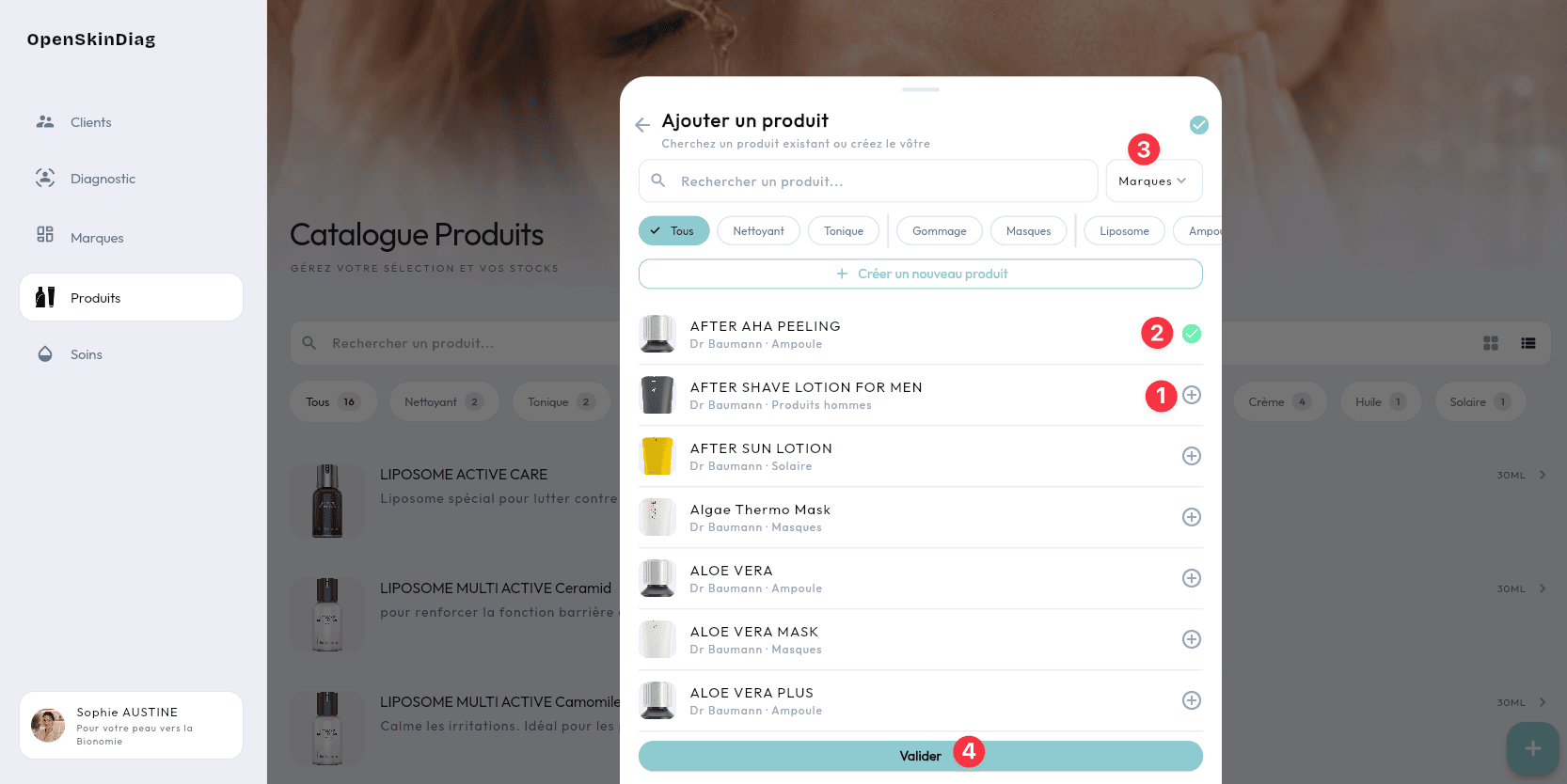 Fenêtre Ajouter un produit : 1 ajouter un produit existant, 2 produit ajouté, 3 filtre Marques, 4 Valider
