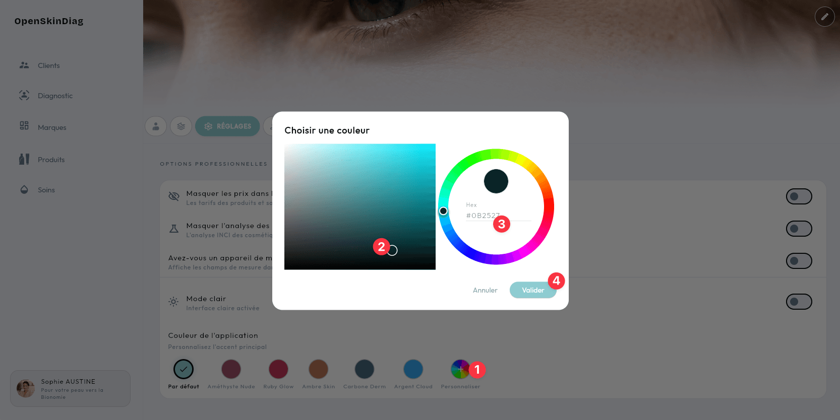 Fenêtre Choisir une couleur : 1 bouton Personnaliser, 2 curseur de couleur, 3 code hexadécimal, 4 bouton Valider